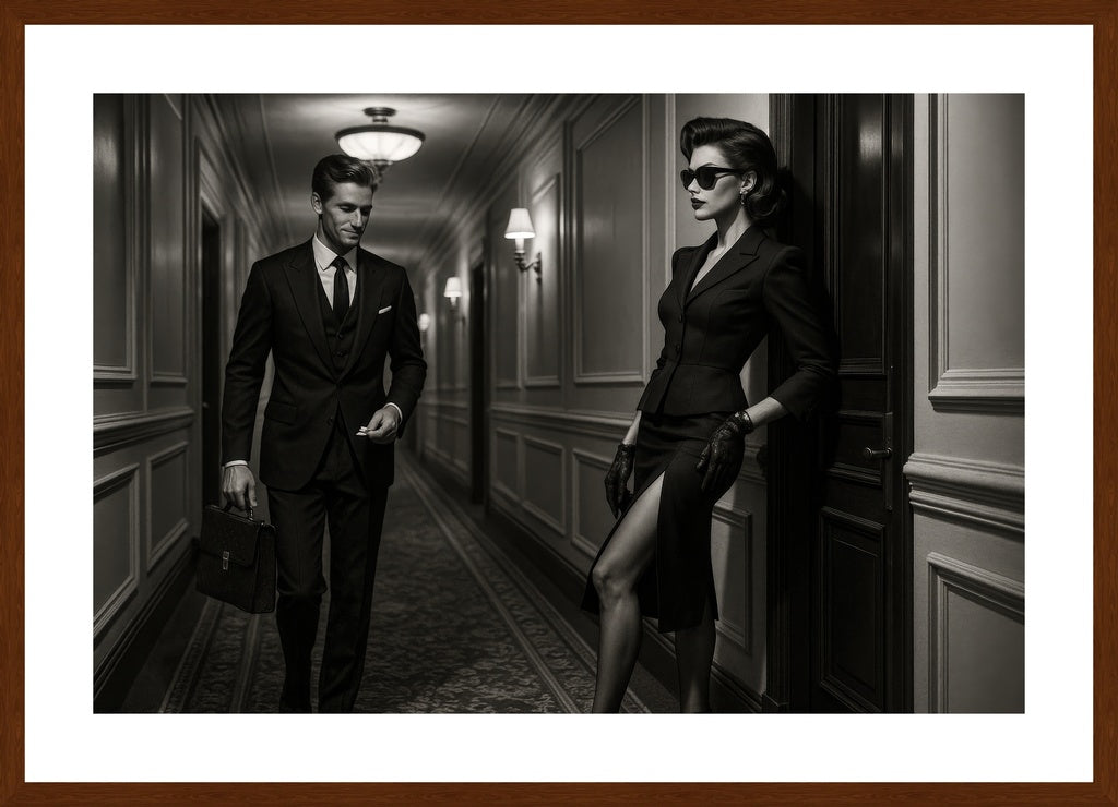 Corridor Intrigue affisch stylad i interiörmiljö med mörk ekram.