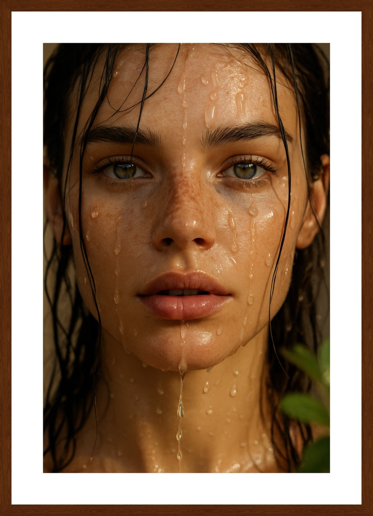 Dew-Kissed Glow affisch stylad i interiörmiljö med mörk ekram.