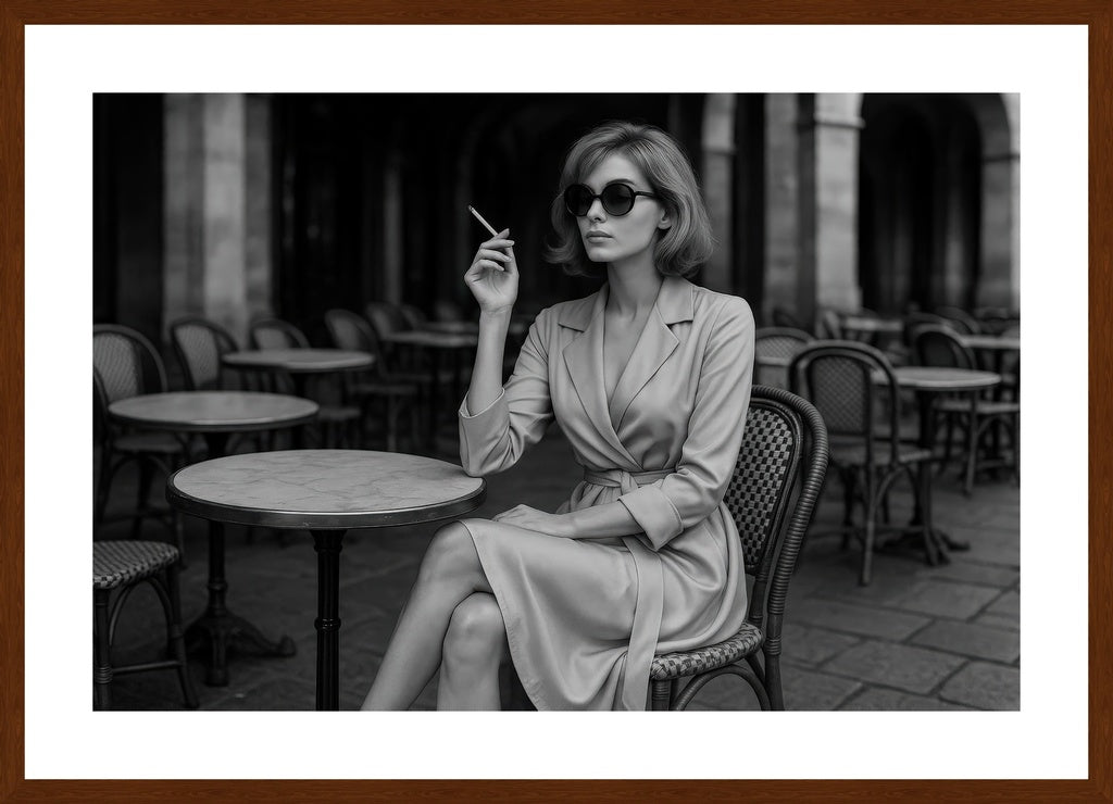 Parisian Cafe Reverie affisch stylad i interiörmiljö med mörk ekram.