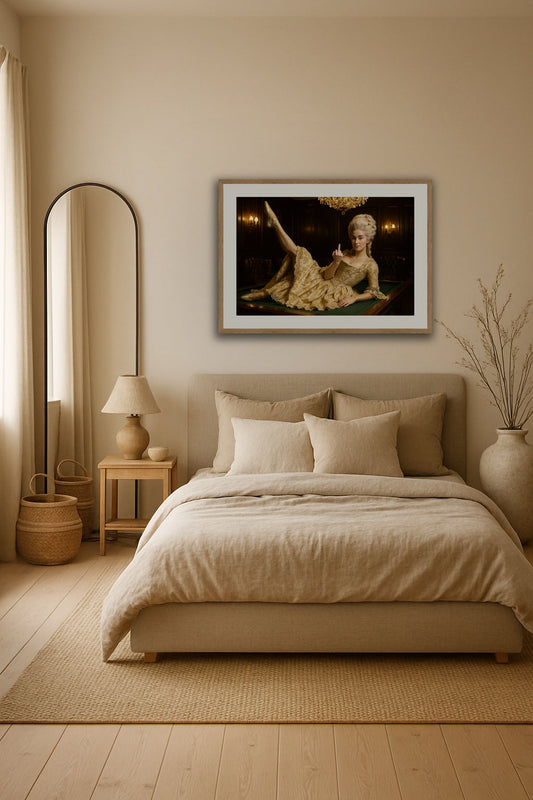 Period Rebellion affisch stylad i interiörmiljö.