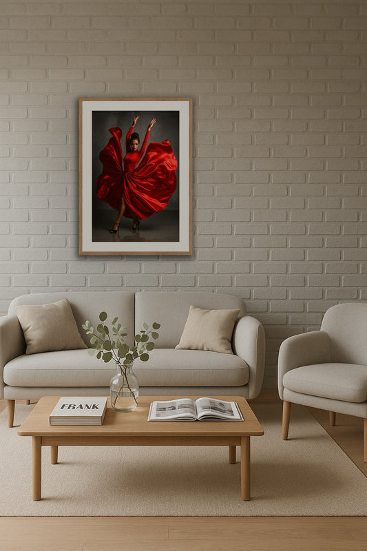 Scarlet Symphony affisch stylad i interiörmiljö.