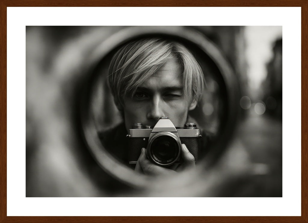 Through The Lens affisch stylad i interiörmiljö med mörk ekram.