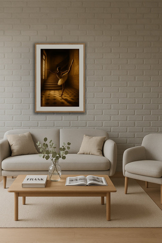 Ballerina in Golden Light I affisch stylad i interiörmiljö.