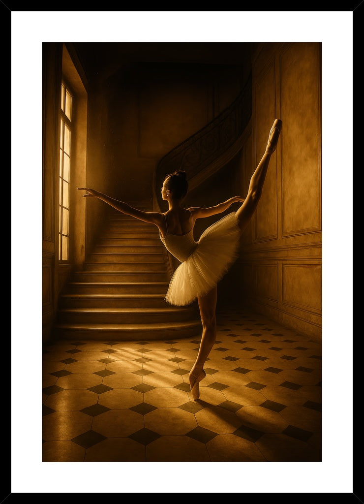 Ballerina in Golden Light I affisch stylad i interiörmiljö med svart ram.