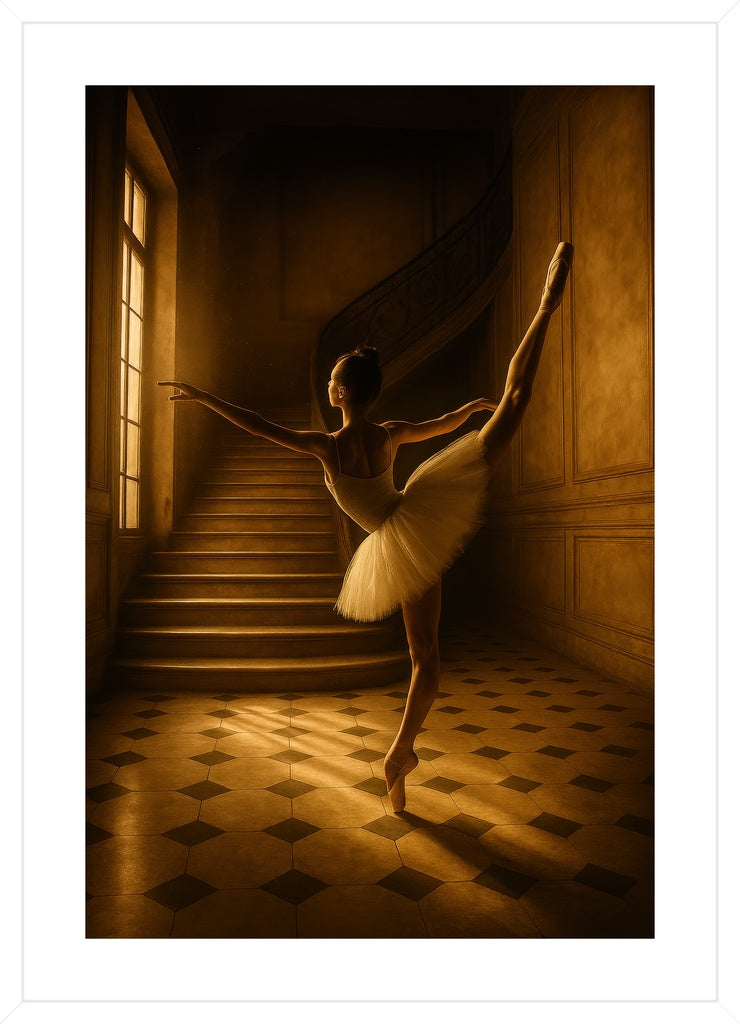 Ballerina in Golden Light I affisch stylad i interiörmiljö med vit ram.