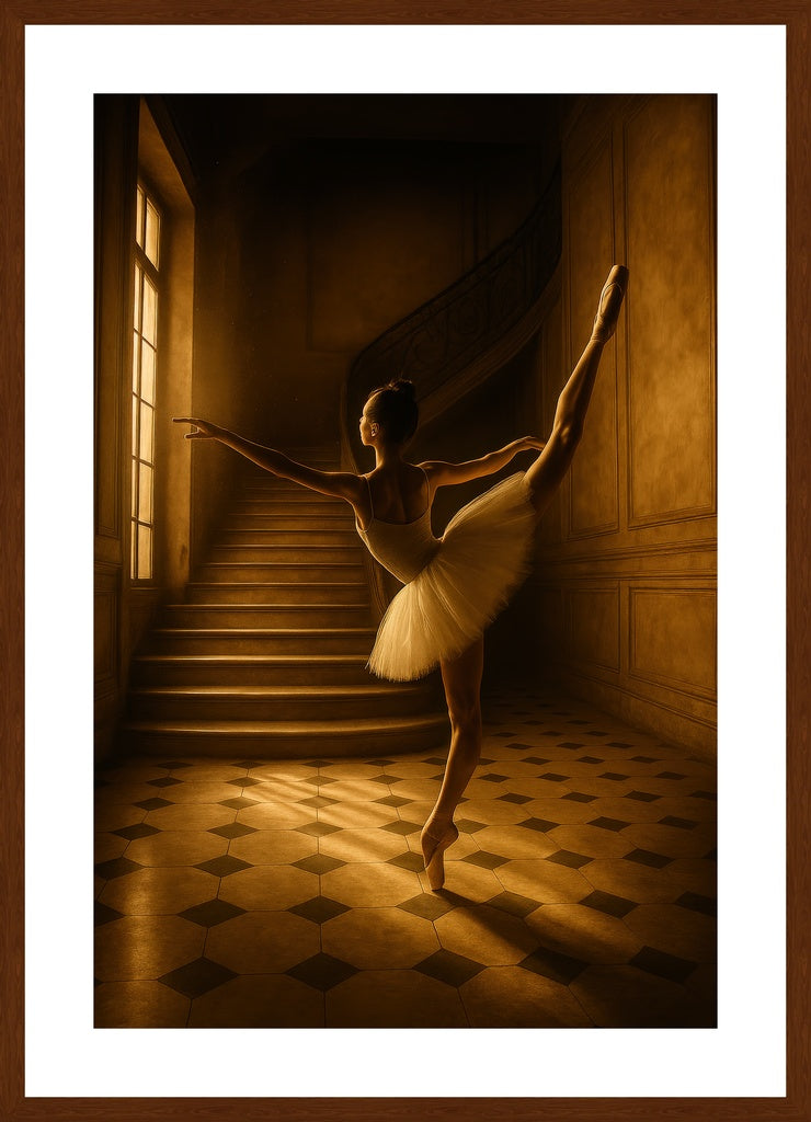 Ballerina in Golden Light I affisch stylad i interiörmiljö med mörk ekram.