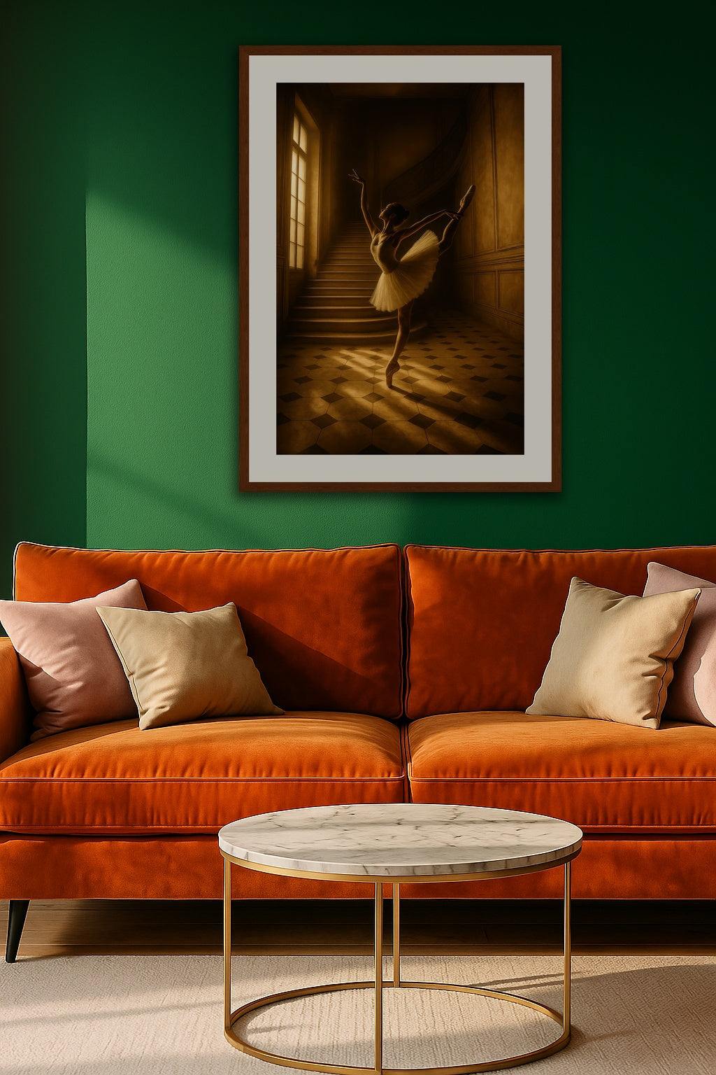 Ballerina in Golden Light II affisch stylad i interiörmiljö.