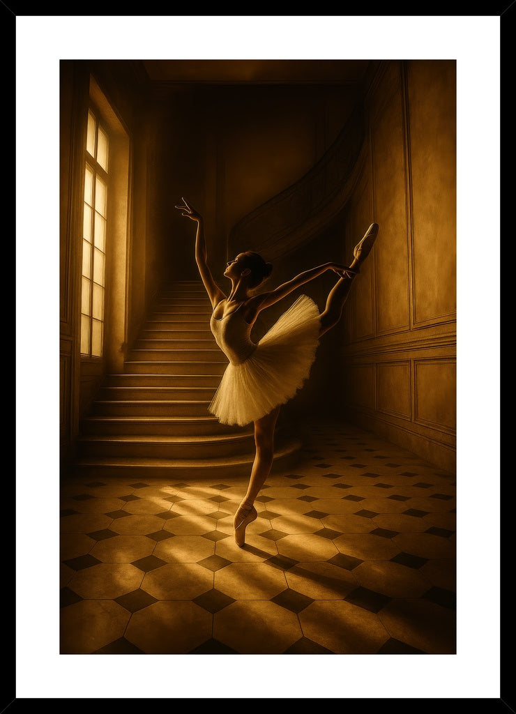 Ballerina in Golden Light II affisch stylad i interiörmiljö med svart ram.