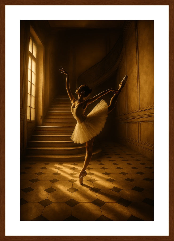 Ballerina in Golden Light II affisch stylad i interiörmiljö med mörk ekram.