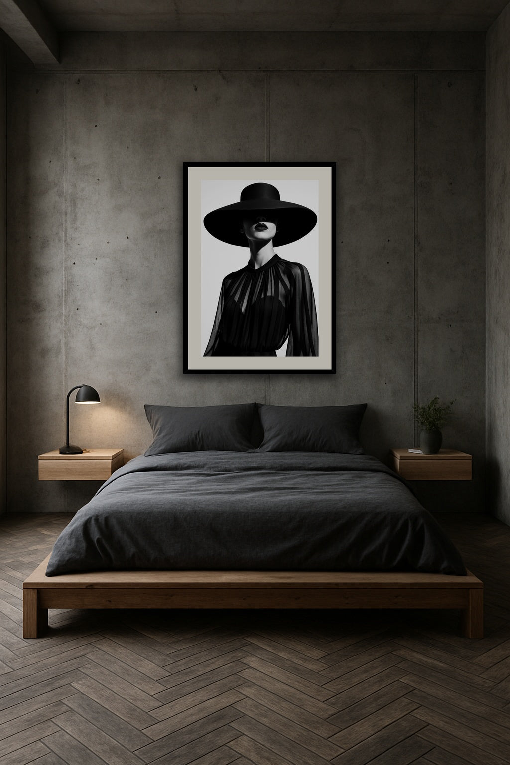 Bold Elegance in Veil of Shadows affisch stylad i interiörmiljö.