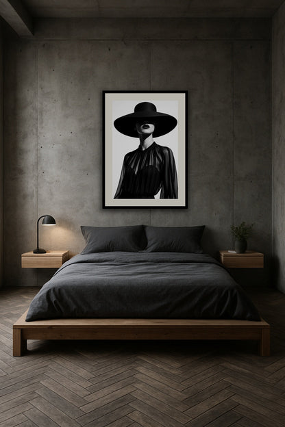 Bold Elegance in Veil of Shadows affisch stylad i interiörmiljö.
