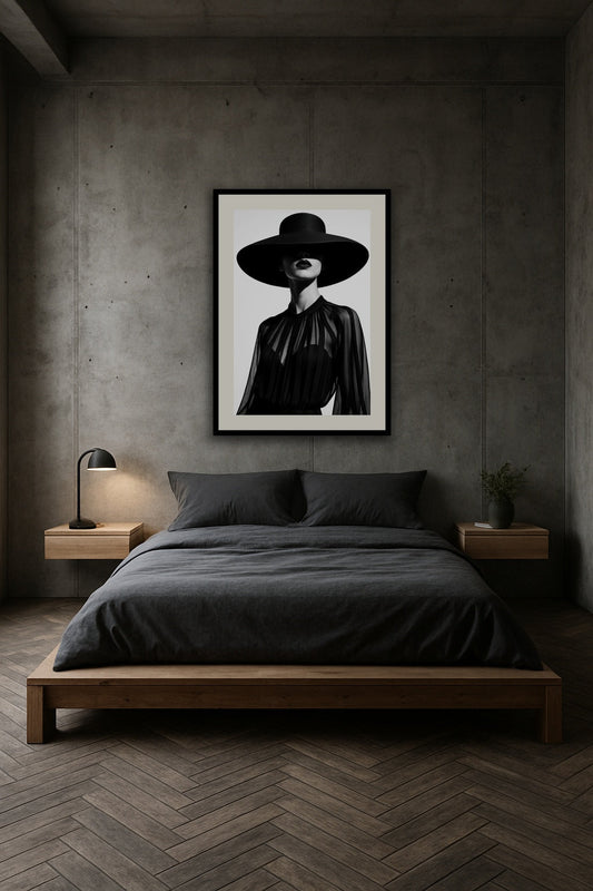 Bold Elegance in Veil of Shadows affisch stylad i interiörmiljö.