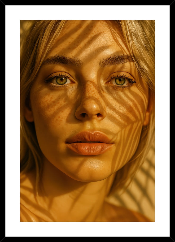 Botanical Shadow Play affisch stylad i interiörmiljö med svart ram.