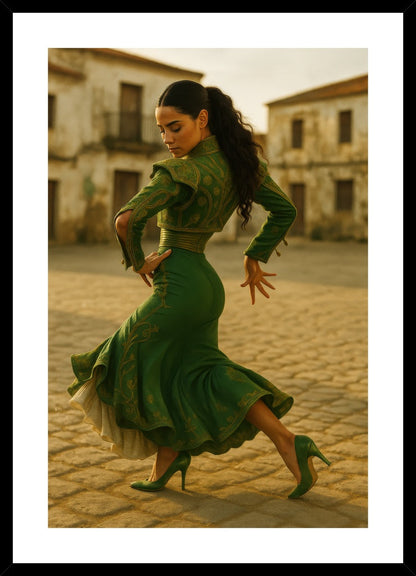 Carmen’s Green Reverie affisch stylad i interiörmiljö med svart ram.