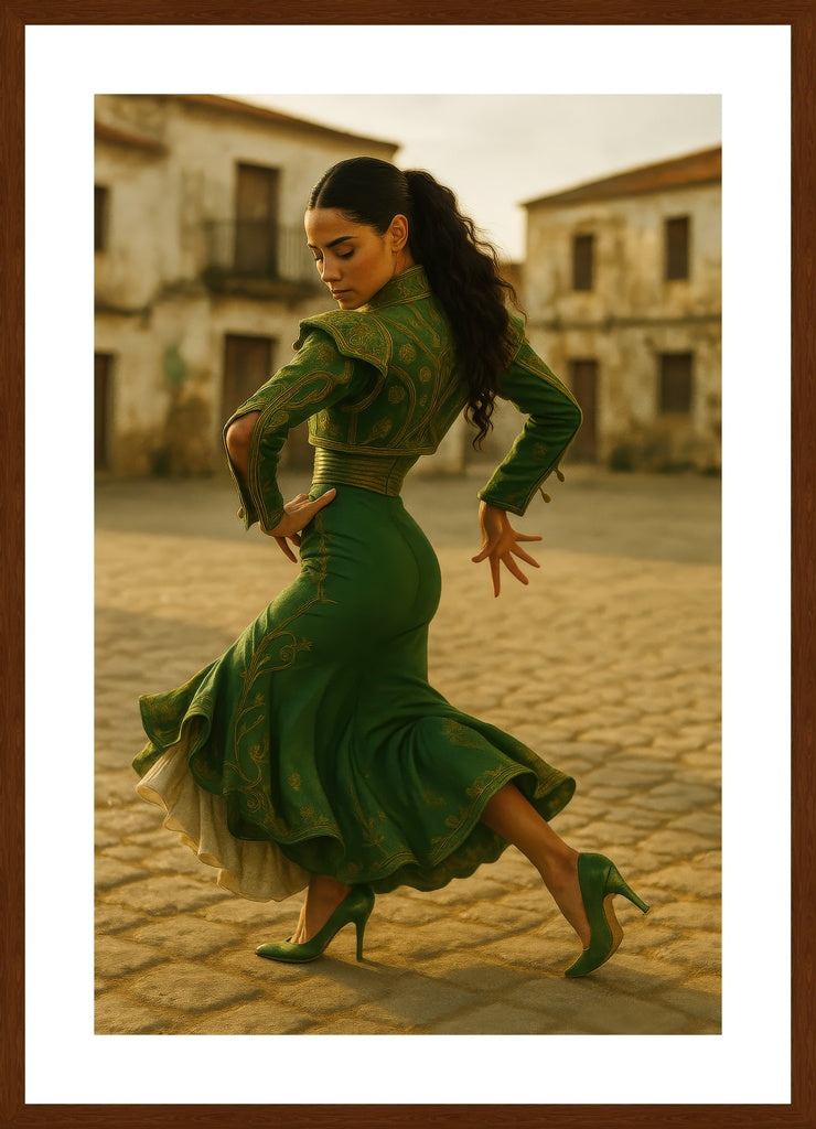 Carmen’s Green Reverie affisch stylad i interiörmiljö med mörk ekram.