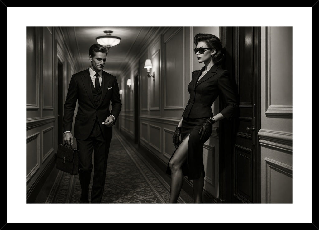 Corridor Intrigue affisch stylad i interiörmiljö med svart ram.