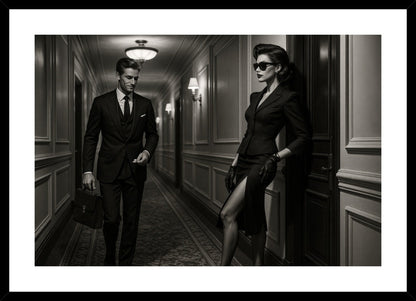 Corridor Intrigue affisch stylad i interiörmiljö med svart ram.