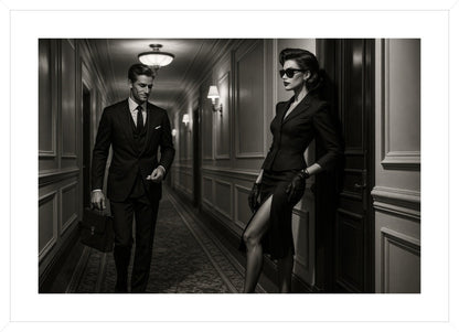 Corridor Intrigue affisch stylad i interiörmiljö med vit ram.