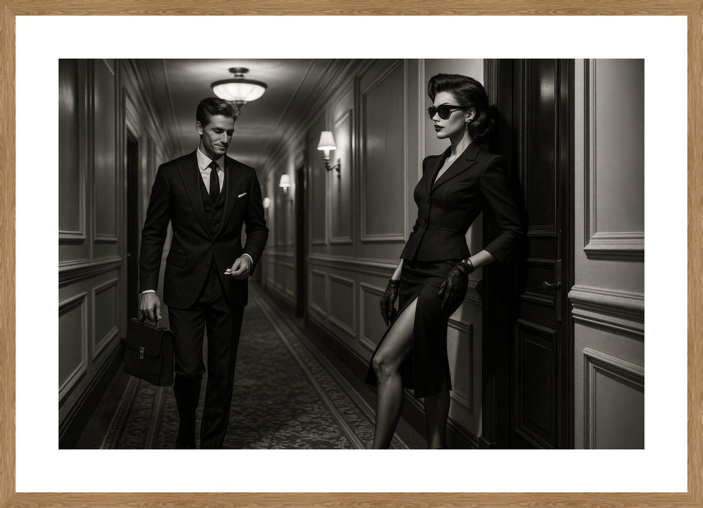 Corridor Intrigue affisch stylad i interiörmiljö med ekram.