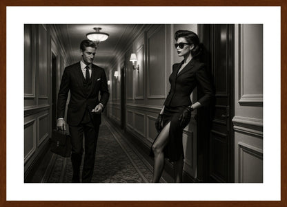 Corridor Intrigue affisch stylad i interiörmiljö med mörk ekram.