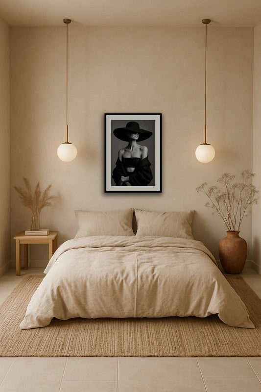 Couture Elegance in Shadow affisch stylad i interiörmiljö.