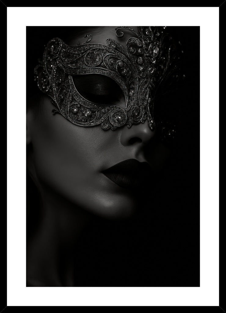 Dark Masquerade Secrets affisch stylad i interiörmiljö med svart ram.