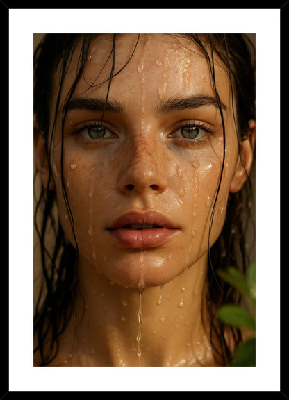 Dew-Kissed Glow affisch stylad i interiörmiljö med svart ram.