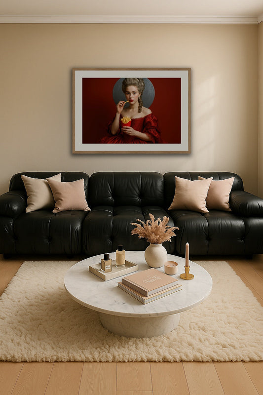 Halo of Crimson Fries affisch stylad i interiörmiljö.