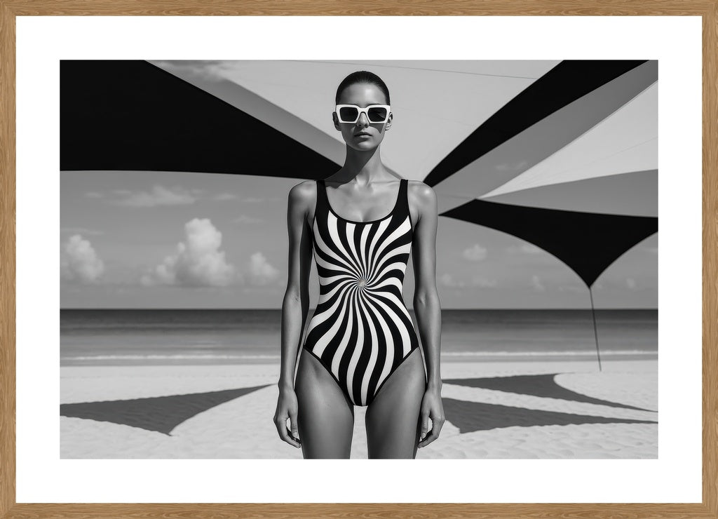 Hypnotic Beach Geometry affisch stylad i interiörmiljö med ekram.