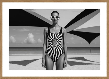 Hypnotic Beach Geometry affisch stylad i interiörmiljö med ekram.