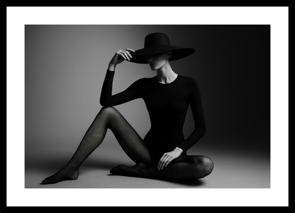 Monochrome Fashion Mystery affisch stylad i interiörmiljö med svart ram.