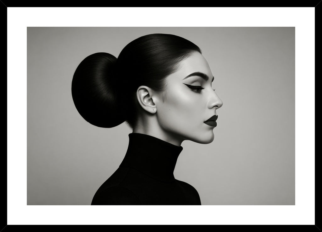 Monochrome Profile affisch stylad i interiörmiljö med svart ram.