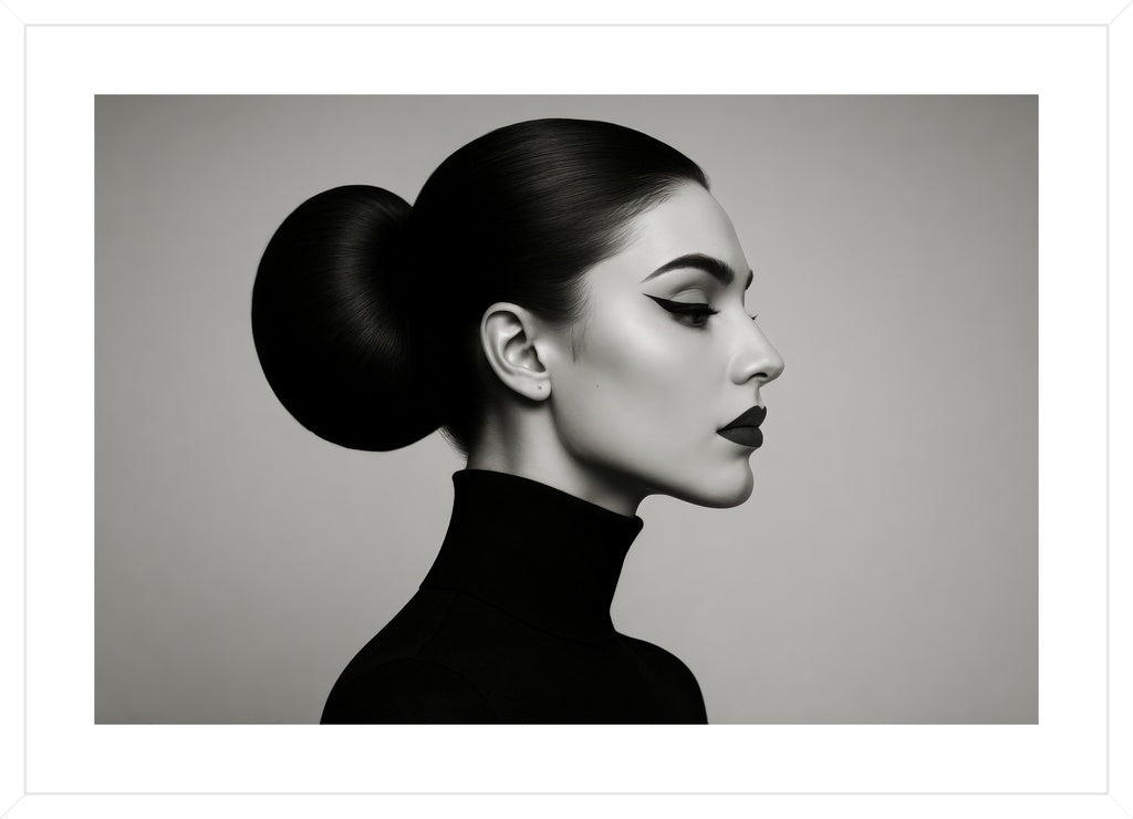 Monochrome Profile affisch stylad i interiörmiljö med vit ram.