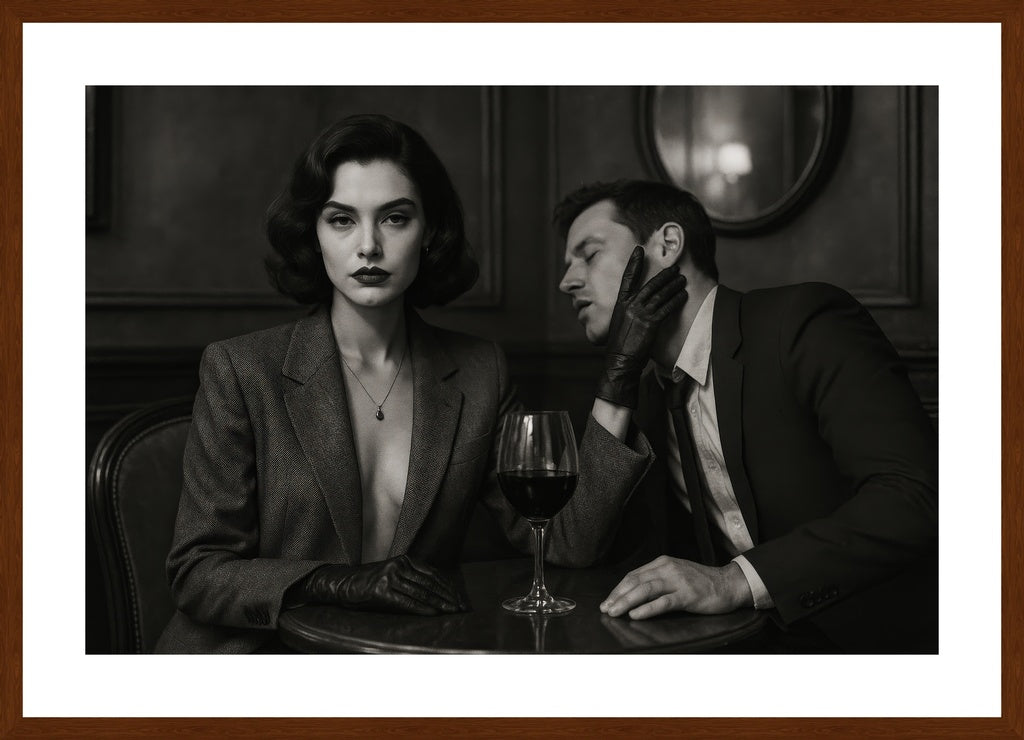 Noir Cafe Drama affisch stylad i interiörmiljö med mörk ekram.