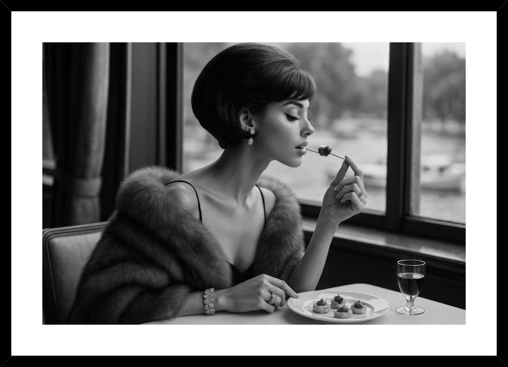 Opulent Bite affisch stylad i interiörmiljö med svart ram.