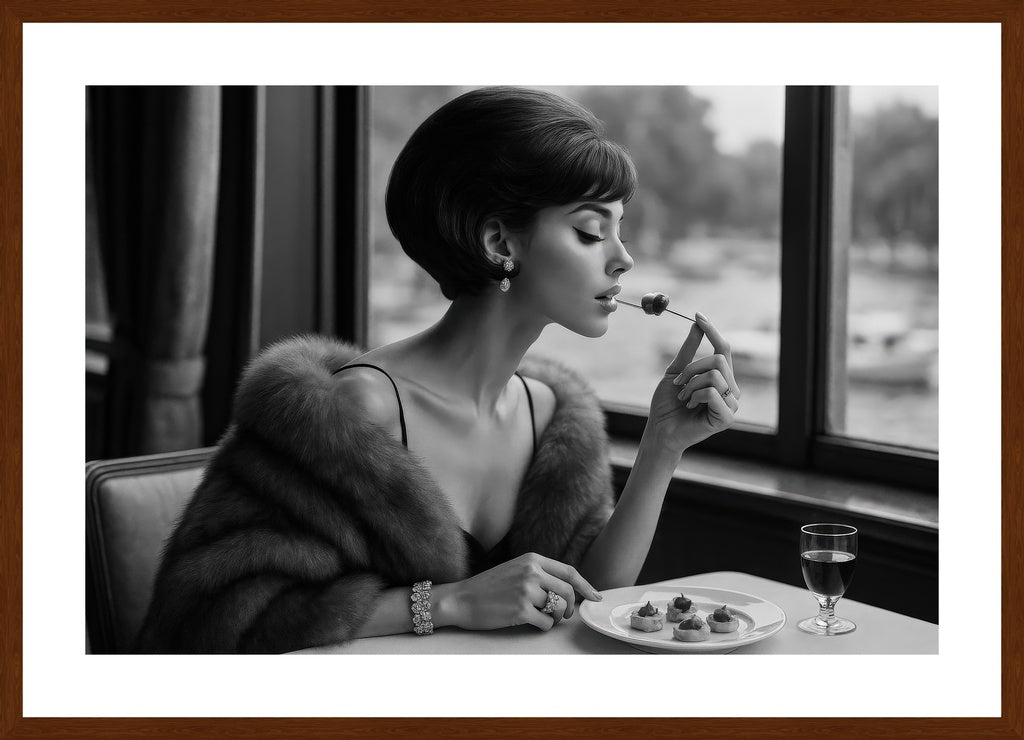 Opulent Bite affisch stylad i interiörmiljö med mörk ekram.