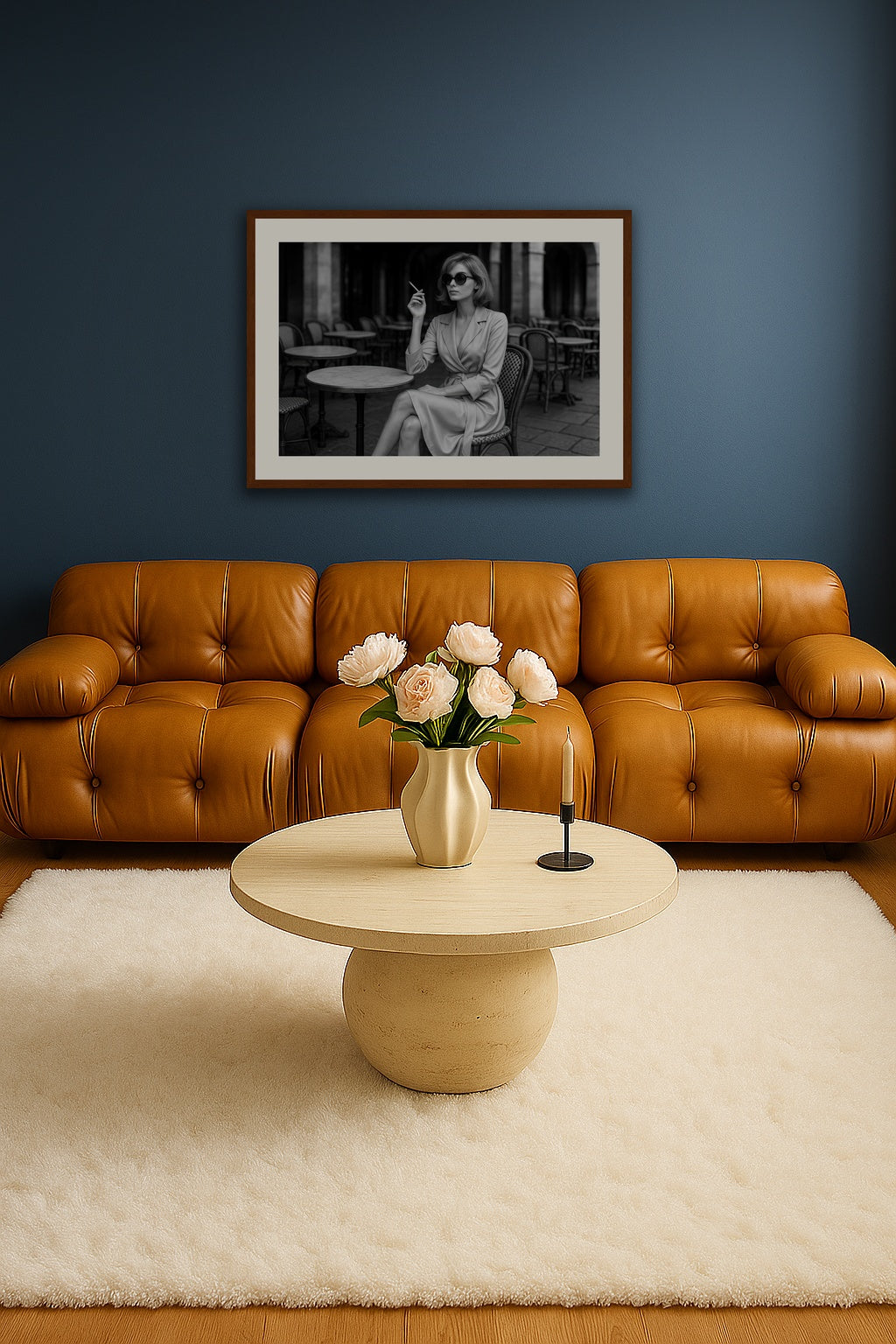 Parisian Cafe Reverie affisch stylad i interiörmiljö.