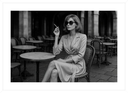 Parisian Cafe Reverie affisch stylad i interiörmiljö med vit ram.