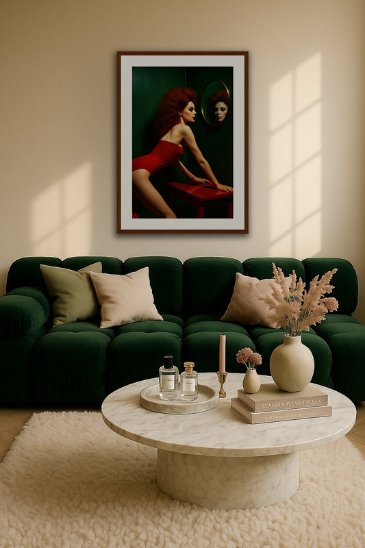 Retro Glamour in Red affisch stylad i interiörmiljö.