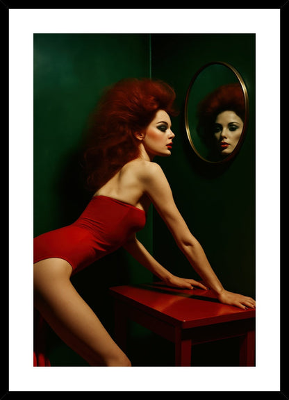 Retro Glamour in Red affisch stylad i interiörmiljö med svart ram.