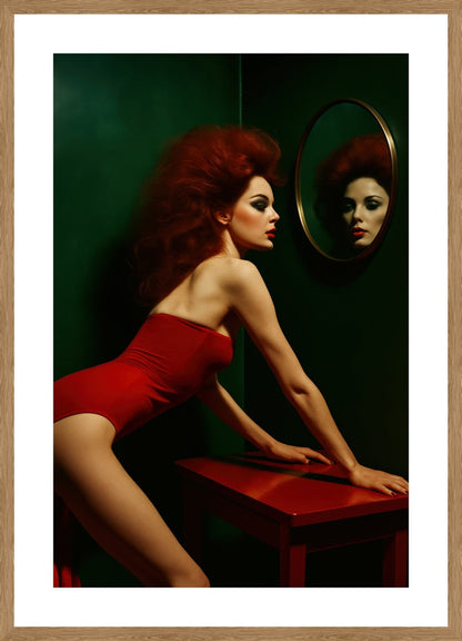 Retro Glamour in Red affisch stylad i interiörmiljö med ekram.