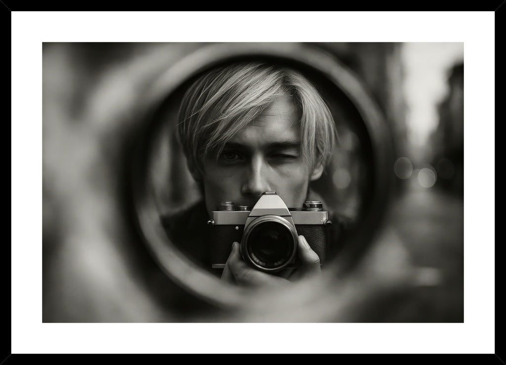 Through The Lens affisch stylad i interiörmiljö med svart ram.