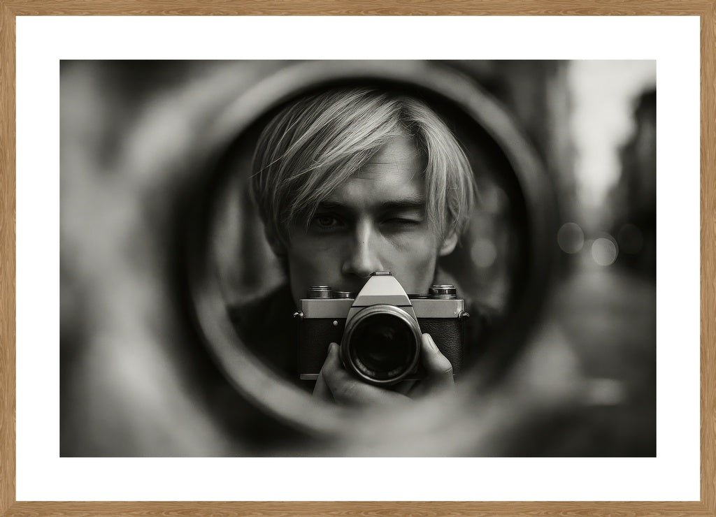 Through The Lens affisch stylad i interiörmiljö med ekram.